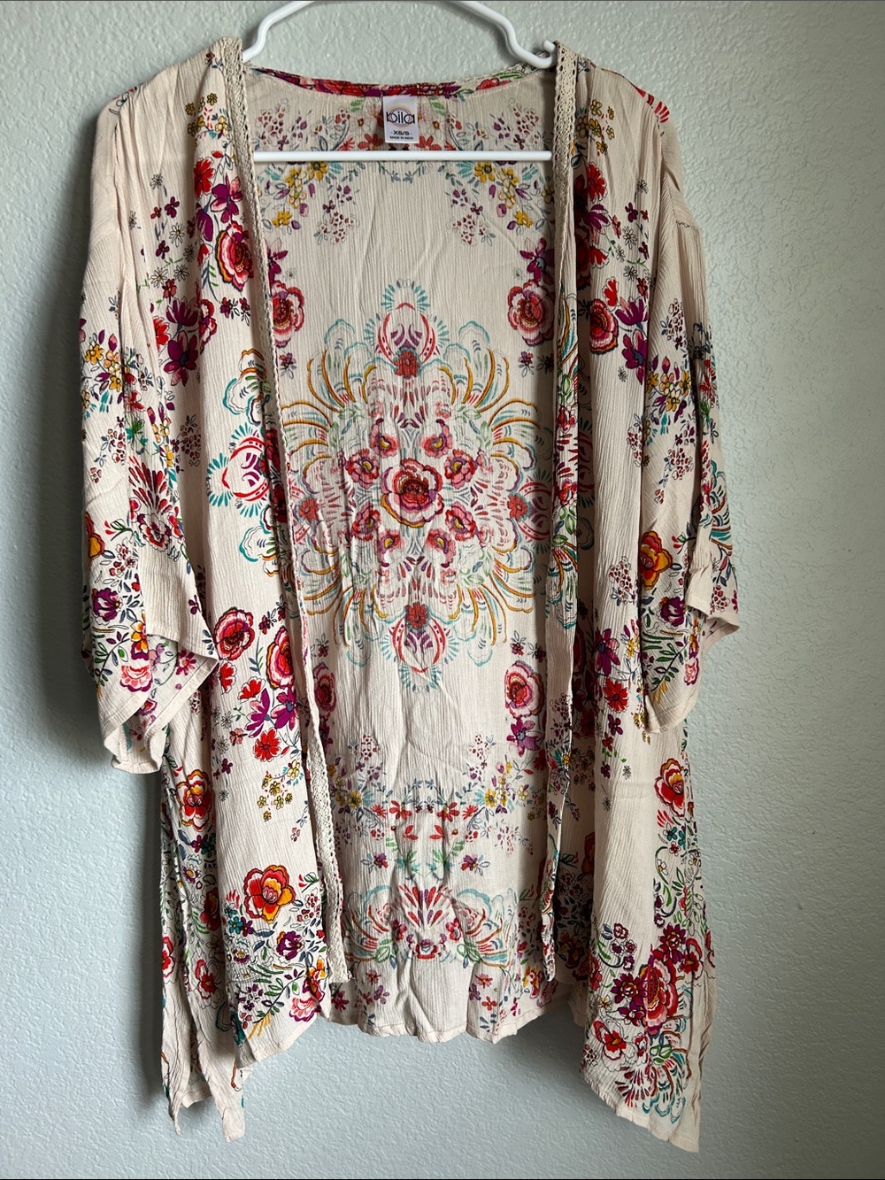 Bila Floral Open Cardigan - Cream with Red, Pink, Teal & Yellow Accents